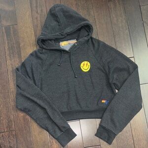 Aviator Nation Cropped Charcoal Smiley Bolt Eyes Hoodie. Size Large.